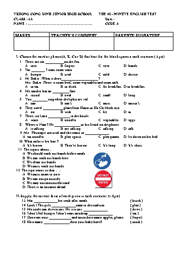 Đề kiểm tra 1 tiết môn Tiếng Anh Lớp 6 - Đề A+B - Trường THCS Trương Công Định (Có đáp án kèm theo)