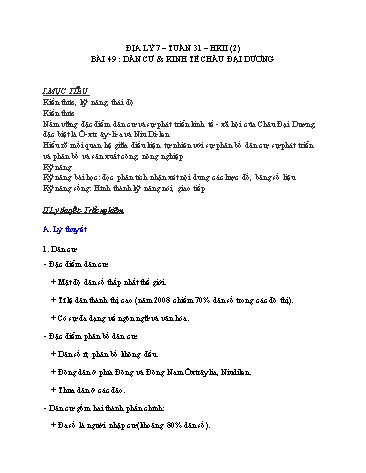 Giáo án Địa lý Lớp 7 - Tuần 31, Bài 49: Dân cư và kinh tế Châu Đại Dương