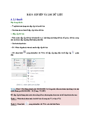 Giáo án Tin học Lớp 7 - Bài 8: Sắp xếp và lọc dữ liệu