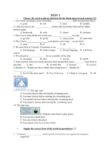 10 Đề kiểm tra Tiếng Anh Lớp 8