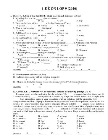 2 Đề ôn tập môn Tiếng Anh Lớp 9 năm 2020
