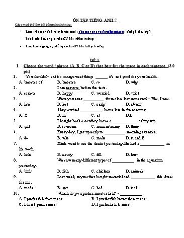3 Đề ôn tập English 7 - Tuần 22