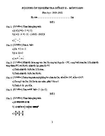 5 Đề ôn tập kiểm tra giữa kỳ II môn Toán 6 - Năm học 2020-2021