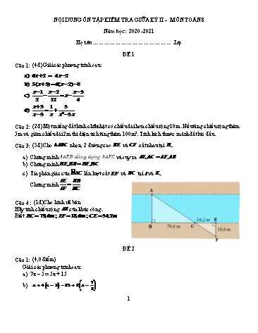 5 Đề ôn tập kiểm tra giữa kỳ II môn Toán 8 - Năm học 2020-2021