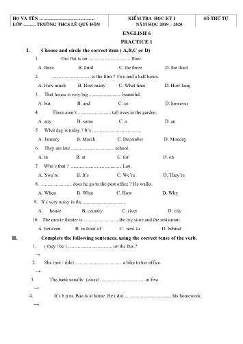 6 Đề kiểm tra học kỳ I Tiếng Anh Lớp 6 - Năm học 2019-2020 - Trường THCS Lê Quý Đôn