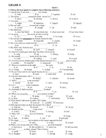 6 Đề kiểm tra Tiếng Anh Lớp 8