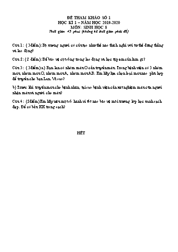 6 Đề tham khảo học kì 1 môn Sinh học Lớp 8 - Năm học 2019-2020