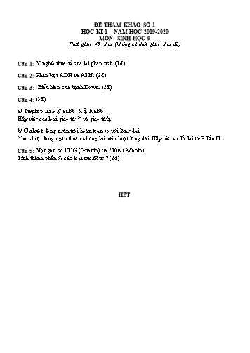 6 Đề tham khảo học kì 1 môn Sinh học Lớp 9 - Năm học 2019-2020