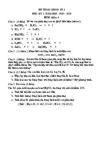 6 Đề tham khảo học kỳ 1 môn Hóa học Lớp 9 - Năm học 2019-2020