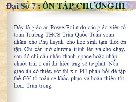 Bài giảng Đại số 7 - Tiết 49: Ôn tập chương III