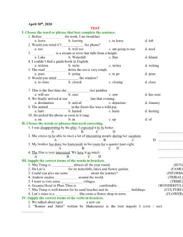 Bài kiểm tra Tiếng Anh Lớp 8 - Unit 11: Science and technology - Năm học 2019-2020 (Có đáp án kèm theo)