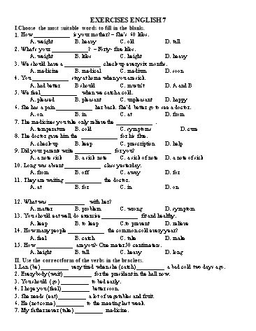 Bài tập ôn tập Tiếng Anh Lớp 7 - Tuần 5