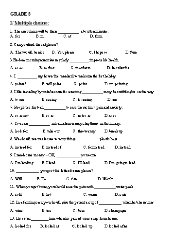 Bài tập ôn tập Tiếng Anh Lớp 8 - Tuần 3 (Kèm đáp án)