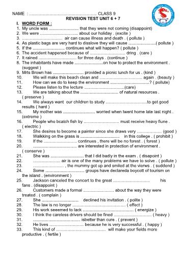 Bài tập ôn tập Tiếng Anh Lớp 9 - Unit 6+7 - Trường THCS Thăng Long