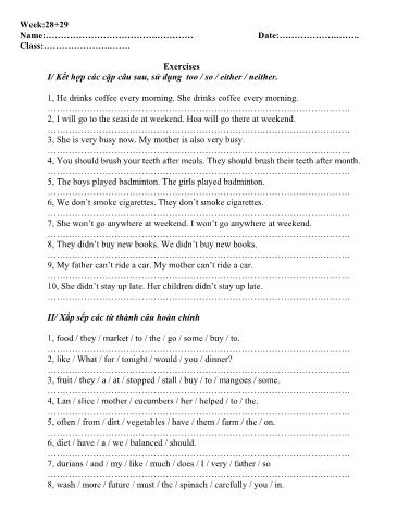 Bài tập Tiếng Anh Lớp 7 - Tuần 28+29