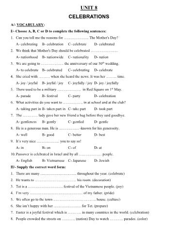 Bài tập Tiếng Anh Lớp 9 - Unit 8: Celebrations