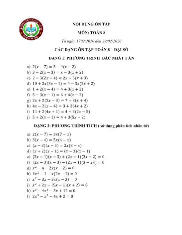 Các dạng bài tập ôn tập Toán Lớp 8 - Năm học 2019-2020 - Trường THCS Nguyễn Hiền