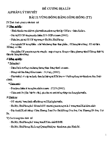 Đề cương ôn tập học kì I môn Địa lí Lớp 9 - Bài 21+22