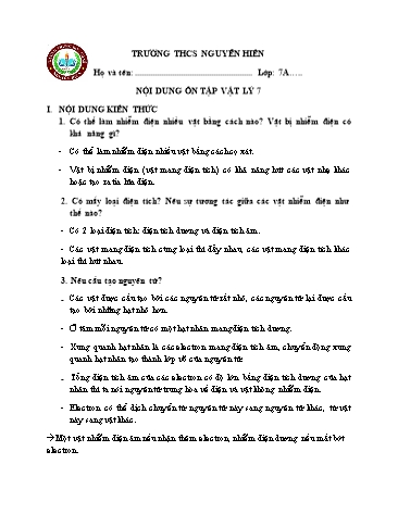 Đề cương ôn tập môn Vật lý 7 - Trường THCS Nguyễn Hiền