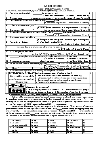 Đề khảo sát Tiếng Anh Lớp 9 năm 2020 - Trường THCS Lê Lợi (Có đáp án)