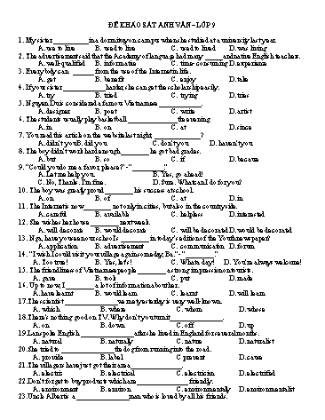 Đề khảo sát Tiếng Anh Lớp 9 - Năm học 2019-2020 (Kèm đáp án)