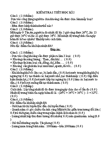 Đề kiểm tra 1 tiết học kì 2 môn Địa lí Lớp 6 (Có đáp án)