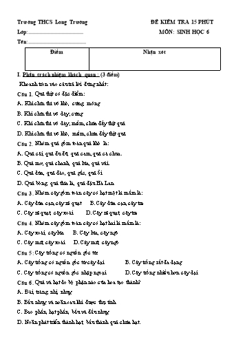 Đề kiểm tra 15 phút môn Sinh học Lớp 6 - Năm học 2019-2020 - Trường THCS Long Trường