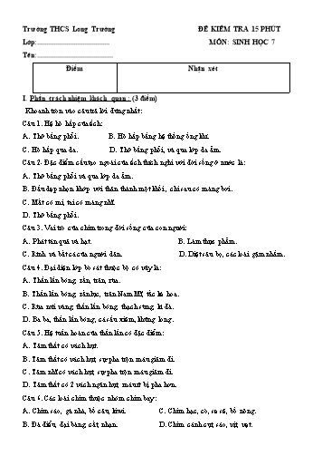 Đề kiểm tra 15 phút môn Sinh học Lớp 7 - Năm học 2019-2020 - Trường THCS Long Trường