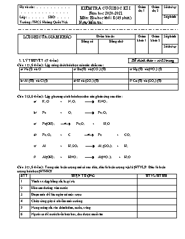 Đề kiểm tra cuối học kì I môn Hóa học Khối 8 - Năm học 2020-2021 (Có đáp án và ma trận kèm theo)
