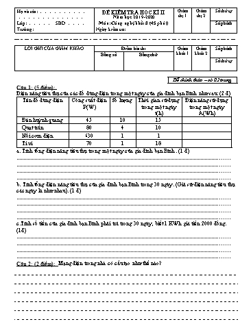 Đề kiểm tra học kì 2 môn Công nghệ Khối 8 - Năm học 2019-2020