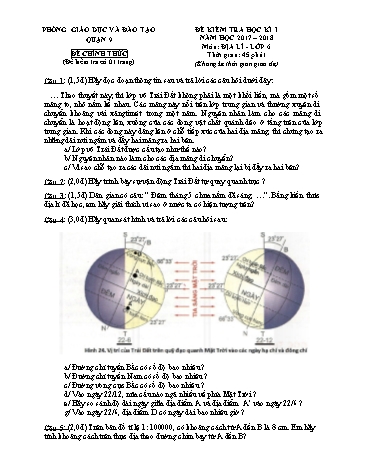 Đề kiểm tra học kì I môn Địa lí Lớp 6 - Năm học 2017-2018 - Phòng giáo dục và đào tạo Quận 9 (Có hướng dẫn chấm)