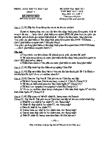 Đề kiểm tra học kì I môn Địa lí Lớp 7 - Năm học 2017-2018 - Phòng giáo dục và đào tạo Quận 9 (Có hướng dẫn chấm)