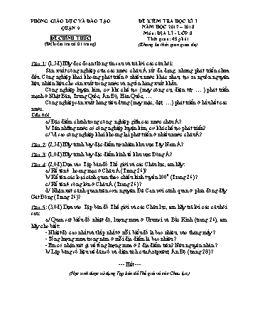 Đề kiểm tra học kì I môn Địa lí Lớp 8 - Năm học 2017-2018 - Phòng giáo dục và đào tạo Quận 9 (Có hướng dẫn chấm)