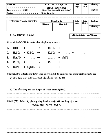 Đề kiểm tra học kì I môn Hóa học Khối 9 - Năm học 2020-2021 (Có đáp án)