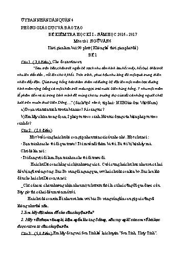 Đề kiểm tra học kì I môn Ngữ văn Lớp 6 - Đề 1 - Năm học 2016-2017 - Phòng Giáo dục và Đào tạo Quận 4