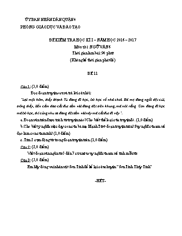 Đề kiểm tra học kì I môn Ngữ văn Lớp 6 - Đề 11 - Năm học 2016-2017 - Phòng Giáo dục và Đào tạo Quận 4