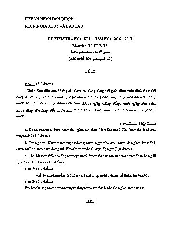 Đề kiểm tra học kì I môn Ngữ văn Lớp 6 - Đề 12 - Năm học 2016-2017 - Phòng Giáo dục và Đào tạo Quận 4