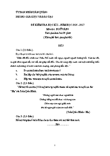 Đề kiểm tra học kì I môn Ngữ văn Lớp 6 - Đề 3 - Năm học 2016-2017 - Phòng Giáo dục và Đào tạo Quận 4