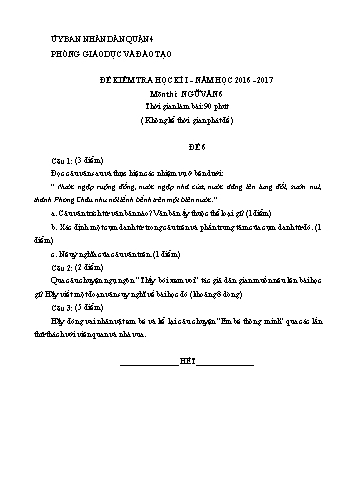 Đề kiểm tra học kì I môn Ngữ văn Lớp 6 - Đề 6 - Năm học 2016-2017 - Phòng Giáo dục và Đào tạo Quận 4