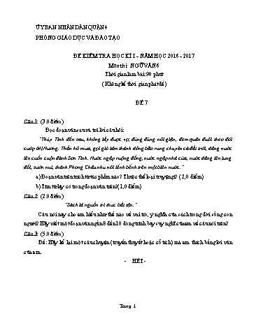 Đề kiểm tra học kì I môn Ngữ văn Lớp 6 - Đề 7 - Năm học 2016-2017 - Phòng Giáo dục và Đào tạo Quận 4