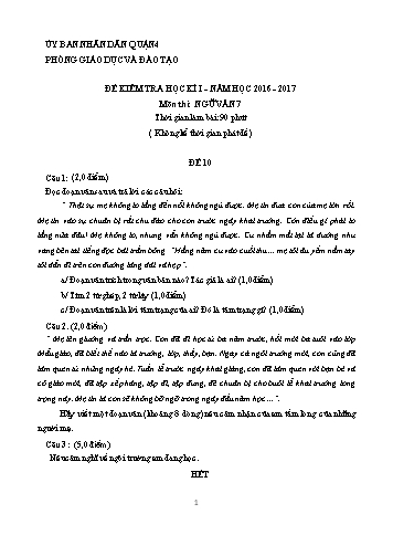Đề kiểm tra học kì I môn Ngữ văn Lớp 7 - Đề 10 - Năm học 2016-2017 - Phòng Giáo dục và Đào tạo Quận 4