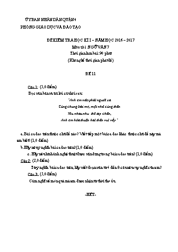 Đề kiểm tra học kì I môn Ngữ văn Lớp 7 - Đề 11 - Năm học 2016-2017 - Phòng Giáo dục và Đào tạo Quận 4