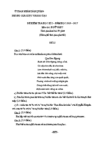 Đề kiểm tra học kì I môn Ngữ văn Lớp 7 - Đề 12 - Năm học 2016-2017 - Phòng Giáo dục và Đào tạo Quận 4