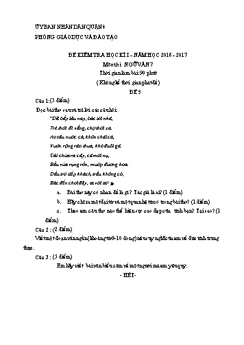 Đề kiểm tra học kì I môn Ngữ văn Lớp 7 - Đề 5 - Năm học 2016-2017 - Phòng Giáo dục và Đào tạo Quận 4