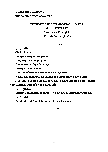 Đề kiểm tra học kì I môn Ngữ văn Lớp 7 - Đề 6 - Năm học 2016-2017 - Phòng Giáo dục và Đào tạo Quận 4