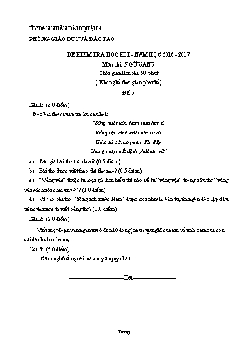 Đề kiểm tra học kì I môn Ngữ văn Lớp 7 - Đề 7 - Năm học 2016-2017 - Phòng Giáo dục và Đào tạo Quận 4