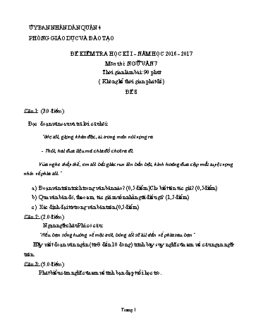 Đề kiểm tra học kì I môn Ngữ văn Lớp 7 - Đề 8 - Năm học 2016-2017 - Phòng Giáo dục và Đào tạo Quận 4
