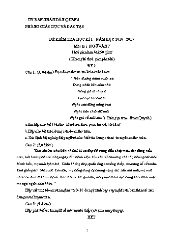 Đề kiểm tra học kì I môn Ngữ văn Lớp 7 - Đề 9 - Năm học 2016-2017 - Phòng Giáo dục và Đào tạo Quận 4