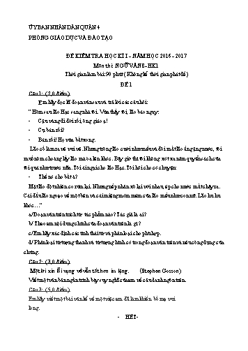 Đề kiểm tra học kì I môn Ngữ văn Lớp 8 - Đề 1 - Năm học 2016-2017 - Phòng Giáo dục và Đào tạo Quận 4