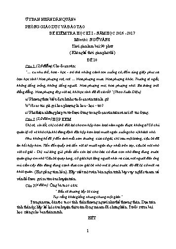 Đề kiểm tra học kì I môn Ngữ văn Lớp 8 - Đề 10 - Năm học 2016-2017 - Phòng Giáo dục và Đào tạo Quận 4